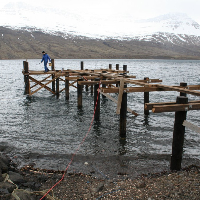 Bryggjan liggur beint út frá veitingasal á fyrstu hæð